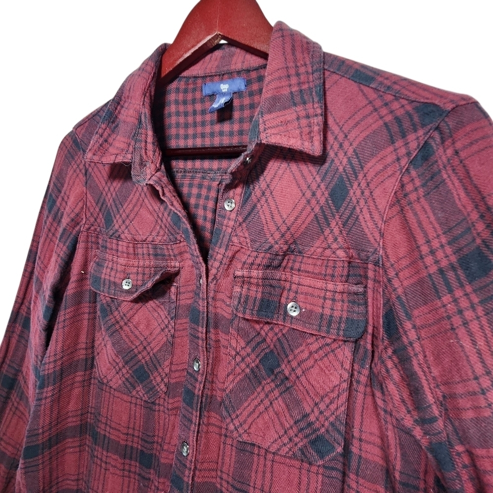 GAP Women's Plaid Flannel Shirt Dress Red Black Medium Long Sleeve - Picture 2 of 12